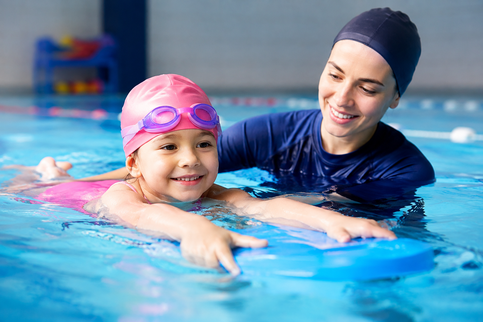 Child learning to swim with a swimming instructor in Ascot